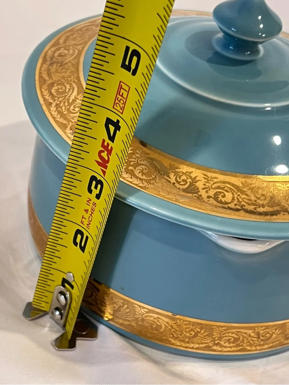 Vintage French Porcelain Covered Saucepan Blue Gold Made France